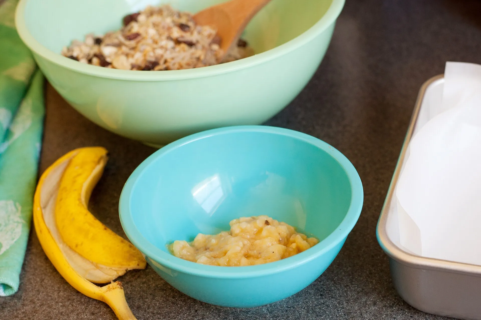 |Mash the bananas well but leave a few small lumps. They melt into soft pockets of banana as the loaf bakes.